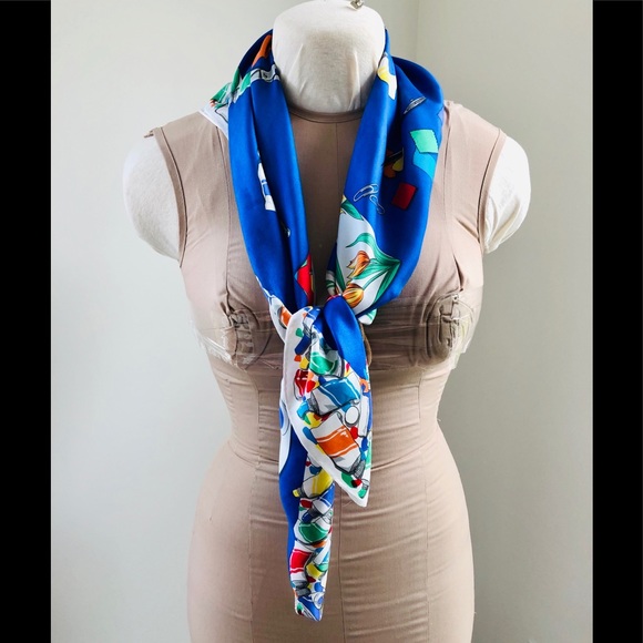 VTG 70’s Perry Ellis silk scarf painter theme print Royal blue & primary colors